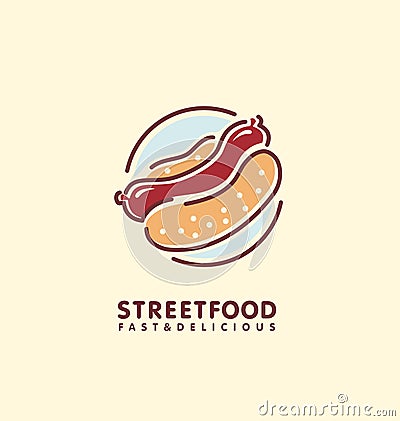 Street food stand logo design idea with juicy hot dog Vector Illustration