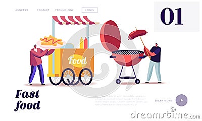 Street Food, Takeaway Junk Meals from Wheeled Food Truck Landing Page Template. Male Friend Characters Eating Streetfood Vector Illustration