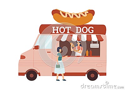 Street food truck with hot dog installation on roof in flat vector illustration Vector Illustration