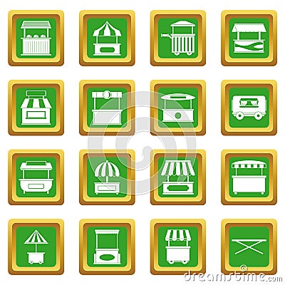 Street food truck icons set green Vector Illustration