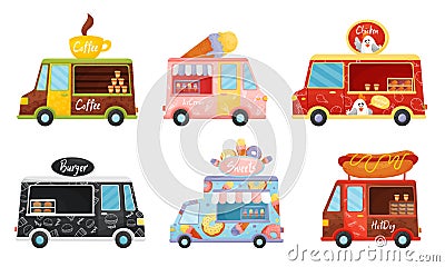 Street Food Vans Selling Coffee and Ice Cream Vector Set Vector Illustration