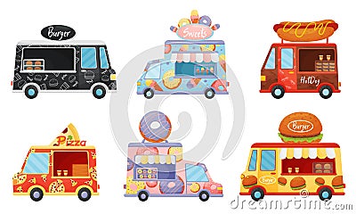 Street Food Vans Selling Sweet Doughnuts and Burgers Vector Set Vector Illustration