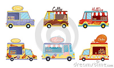 Street Food Vans Selling Sweet Doughnuts and Coffee Vector Set Vector Illustration