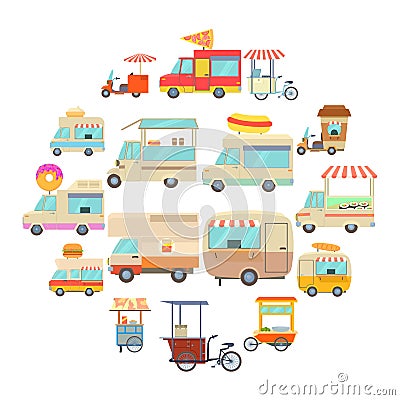 Street food vehicles icons set, cartoon style Vector Illustration