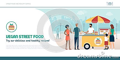 Street food vendor and people eating delicious vegan snacks Vector Illustration