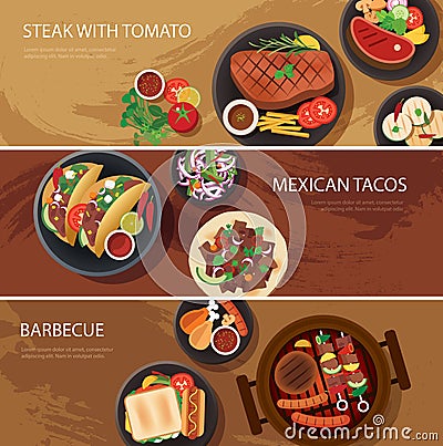 Street food web banner, steak ,tacos, barbecue Vector Illustration