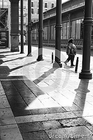 Street with forged iron pillars next to the Central Market of Saragossa Editorial Stock Photo