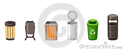 Street Garbage Baskets Set Designed For Constant Use And Harsh Weather Conditions, Featuring A Steel, Wooden Or Plastic Vector Illustration