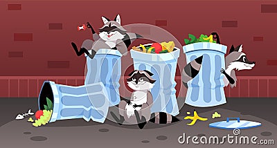 Street garbage. Raccoons eat food waste. Wild animal characters in urban dump. Trash cans in alley. Rubbish bins at Vector Illustration