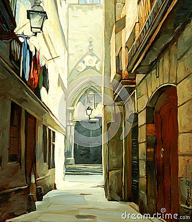 Street in Gothic quarter of Barcelona Cartoon Illustration