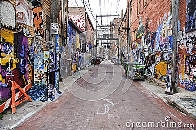 Street with graffiti on the walls Editorial Stock Photo