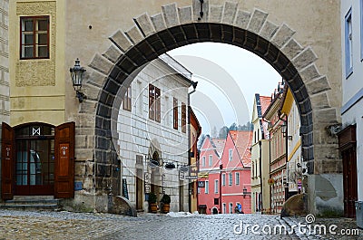 Street in historic center of small medieval town of Cesky Krumlov, Czech Republic Editorial Stock Photo