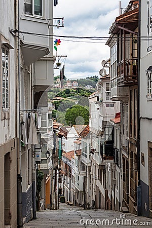Street of the historical center of Betanzos with the typical facades, A Coruna, Galicia, Spain Editorial Stock Photo
