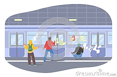 Street hooligans, vandals, graffiti painters painting subway train with paint spray, flat vector illustration. Vandalism Vector Illustration