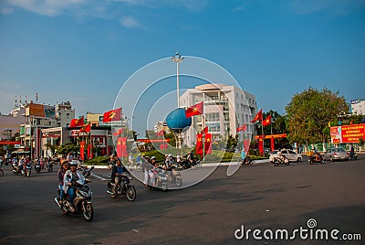 Street with huge traffic, lots of motorcycles. Nha Trang, Vietnam. Editorial Stock Photo