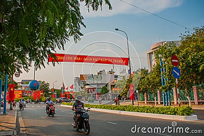 Street with huge traffic, lots of motorcycles. Nha Trang, Vietnam. Editorial Stock Photo