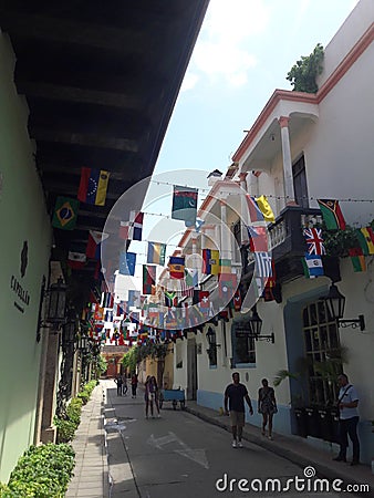 Street of international flags Cartagena Colombia Editorial Stock Photo