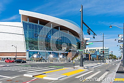 Street intersection and pedestrian crossing at Chase Center. The building is the home venue for the Golden State Warriors of Editorial Stock Photo