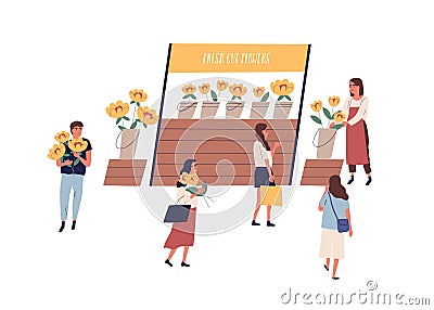 Street kiosk with fresh cut flowers vector flat illustration. Woman vendor sell garden plants at stall at outdoor fair Vector Illustration