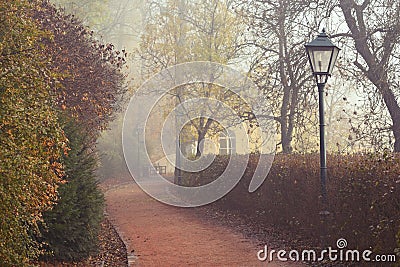 Street lamp and footpath in a foggy autumn Stock Photo