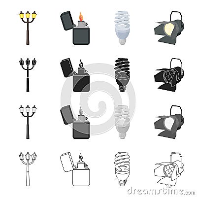 Street lamp, a lighter`s flame, an electric bulb, a floodlight. Light source set collection icons in cartoon black Vector Illustration