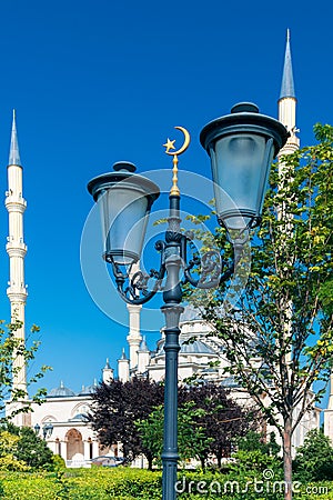 Street lamp near the Akhmat Kadyrov Mosque in Chechnya, Grozny Stock Photo