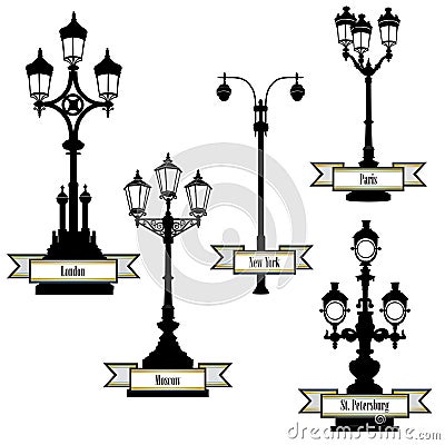 Street lamp set. Street lights of London, Paris, New-York, Moscow Vector Illustration