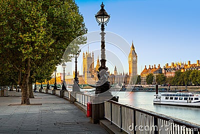 Street Lamp on South Bank of River Thames with Big Ben and Palace of Westminster in Background, London, England, UK Stock Photo