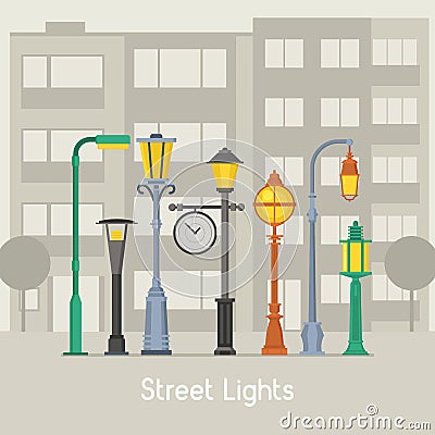 Street Lamps and Lamp Posts Banner Vector Illustration