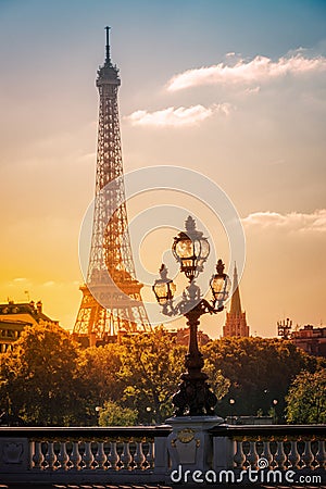 Street lantern on the Alexandre III Bridge against the Eiffel Tower in Paris Stock Photo