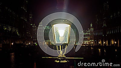 Street lantern design at nightt on the Grand Place or Square also used in English or Grote Markt or Grand Market that is the Editorial Stock Photo