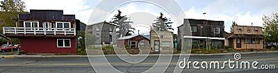 Street level panorama of historic buildings in Haines, AK Editorial Stock Photo