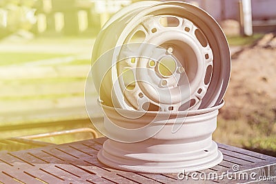 street lighting. car wheels made of iron. treated with sandblasting. metal without painting. close-up Stock Photo