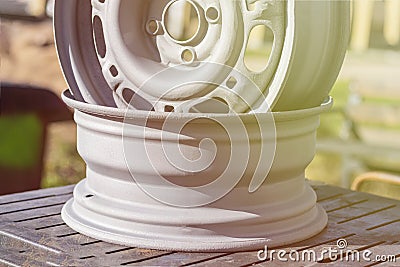 street lighting. car wheels made of iron. treated with sandblasting. metal without painting. close-up Stock Photo