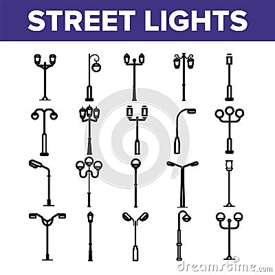 Street Lights Linear Vector Thin Icons Set Vector Illustration