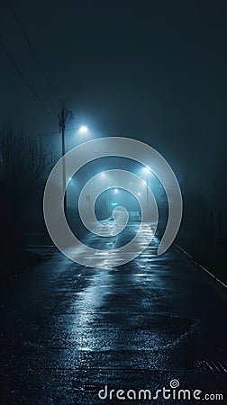 A street with lights on at night in the fog, AI Stock Photo