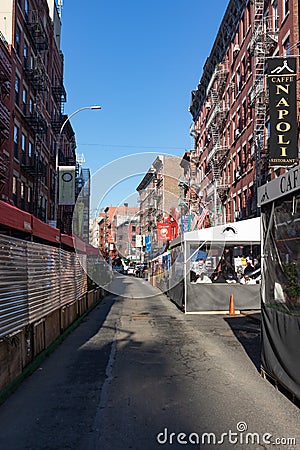 Street with Outdoor Dining Structures at Restaurants in Little Italy of New York City during the Covid 19 Pandemic Editorial Stock Photo