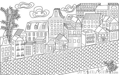 Street, a lot of houses, buildings, an ornament for adults, style lines, city street Vector Illustration