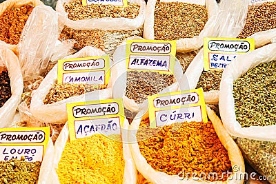 Street Maket selling various spices in Rio de Janeiro, Brazil Stock Photo