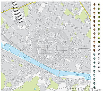 Street map of downtown Florence with pin pointers and infrastructure icons Vector Illustration