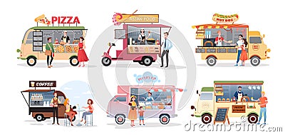Street market food truck, outdoor cafe vector illustration set. Cartoon foodtruck with menu pizza asian food burger ice Vector Illustration