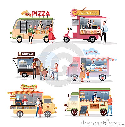 Street market food truck vector illustration set. Cartoon van stall marketplace mini cafe selling pizza asian food Vector Illustration