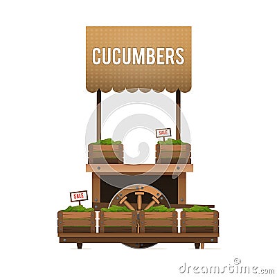 A street market. Wood cart for sale cucumbers. Selling vegetable Vector Illustration