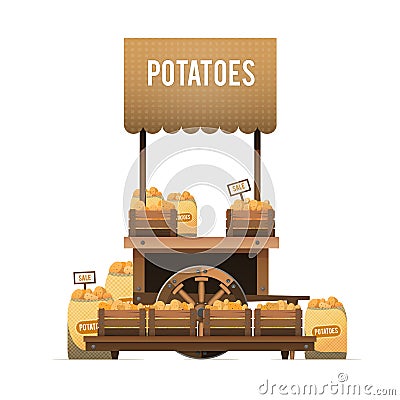 A street market. Wood cart for sale potatoes. Sale of vegetables Vector Illustration