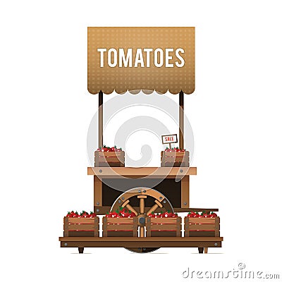 A street market. Wood cart for sale tomatoes. Selling vegetables Vector Illustration