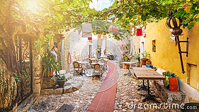 Street in medieval Eze village, french Riviera coast, Cote d`Azur, France Editorial Stock Photo