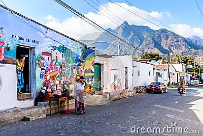 Street mural with Indian Nose national park behind, San Juan la Laguna, Lake Atitlan, Guatemala Editorial Stock Photo