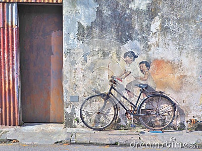 Street Mural title `Kids on a Bicycle` Editorial Stock Photo