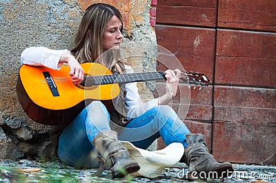 Street musician girl Stock Photo