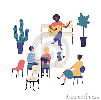 Street musician or guitarist sits on bench and plays guitar at park, people listen to music. Performer and audience or Vector Illustration